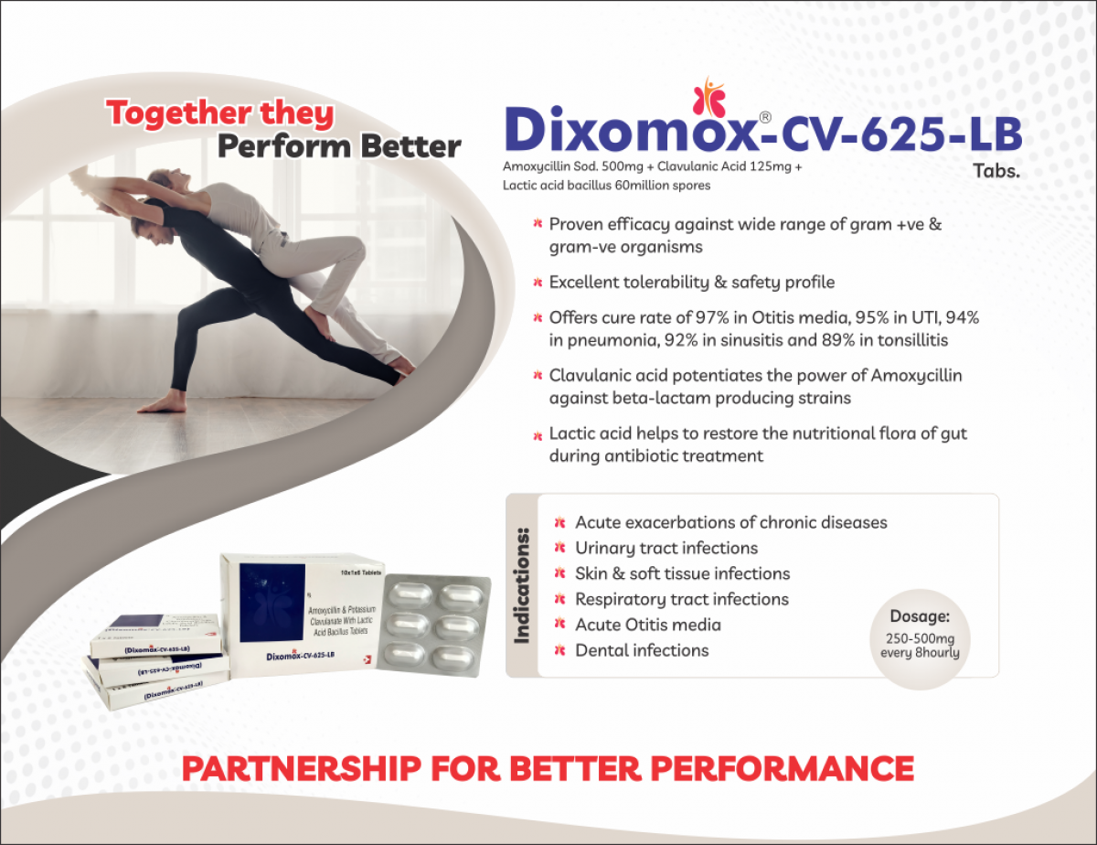 DIXOMOX-CV-625-LB - Amoxicillin Sod. 500mg + Clavulanic Acid 125mg + Lactic Acid Bacillus 60 million spores | Intralife Pharmaceuticals - thumbnail 2