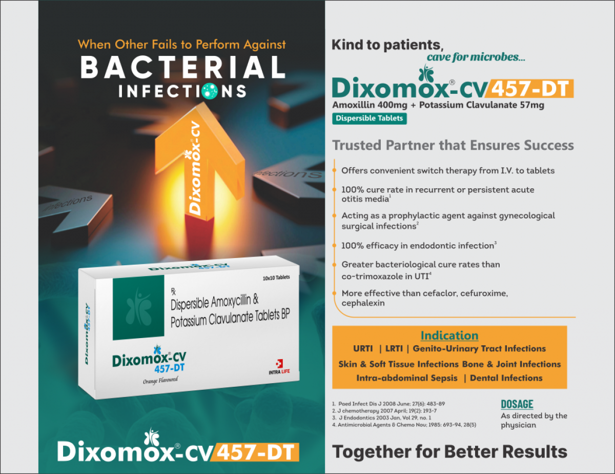 DIXOMOX-CV 457-DT - Amoxicillin 400mg + Potassium Clavulanate 57mg DT Tablet | Intralife Pharmaceuticals - thumbnail 2
