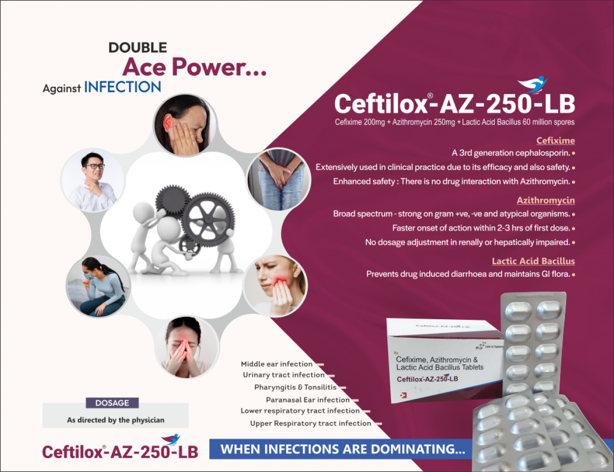 CEFTILOX-AZ-250-LB - Cefixime 200mg + Azithromycin 250mg + Lactic Acid Bacillus 60 million spores | Intralife Pharmaceuticals - thumbnail 2