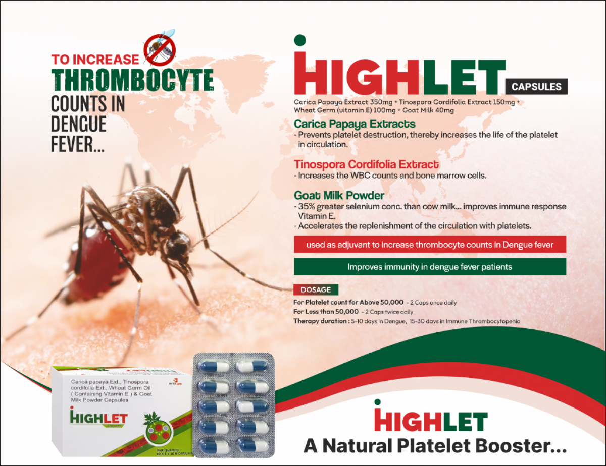 HIGHLET tab - Carica Papaya Extract 350 mg + Tinospora Cordifolia Extract 150 mg + Wheat Germ (Vitamin E) 100mg + Goat Milk 40mg | Intralife Pharmaceuticals - thumbnail 2