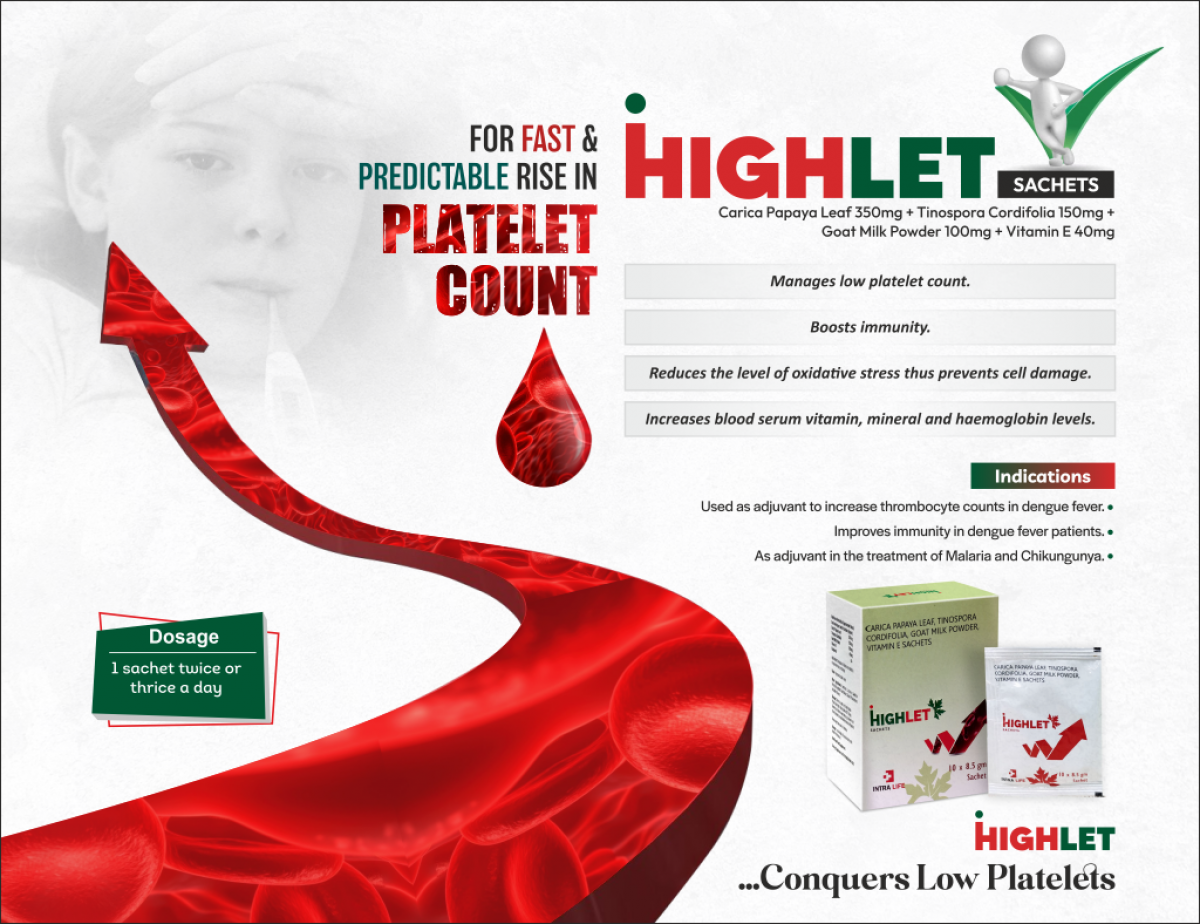 HIGHLET SACHET - Carica Papaya Leaf 350 mg + Tinospora Cordifolia 150 mg + Goat Milk Powder 100 mg + Vitamin E 40 mg | Intralife Pharmaceuticals - thumbnail 2