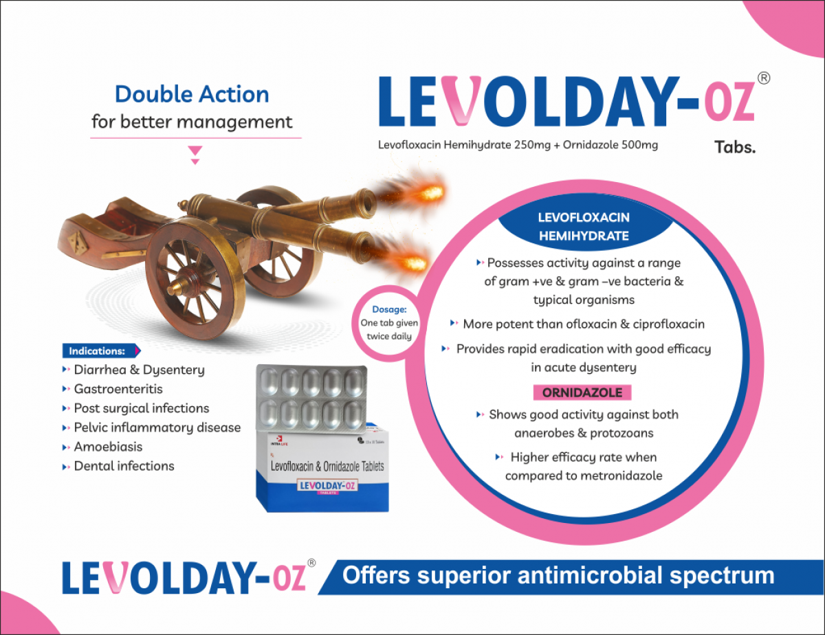 LEVOLDAY-OZ - Levofloxacin Hemihydrate 250mg +Ornidazole 500mg | Intralife Pharmaceuticals - thumbnail 2