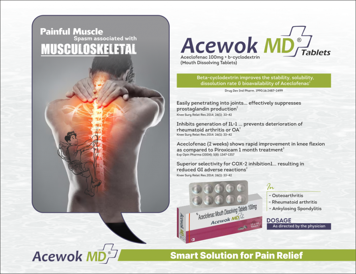 ACEWOK-MD - Aceclofenac 100mg + b-cyclodextrin (Mouth Dissolving Tablets) | Intralife Pharmaceuticals - thumbnail 2