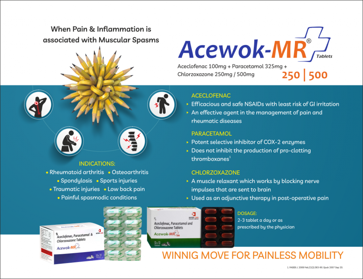 ACEWOK-MR-500 - Aceclofenac 100mg +Paracetamol 325mg + Chlorzoxazone 500 mg | Intralife Pharmaceuticals - thumbnail 2