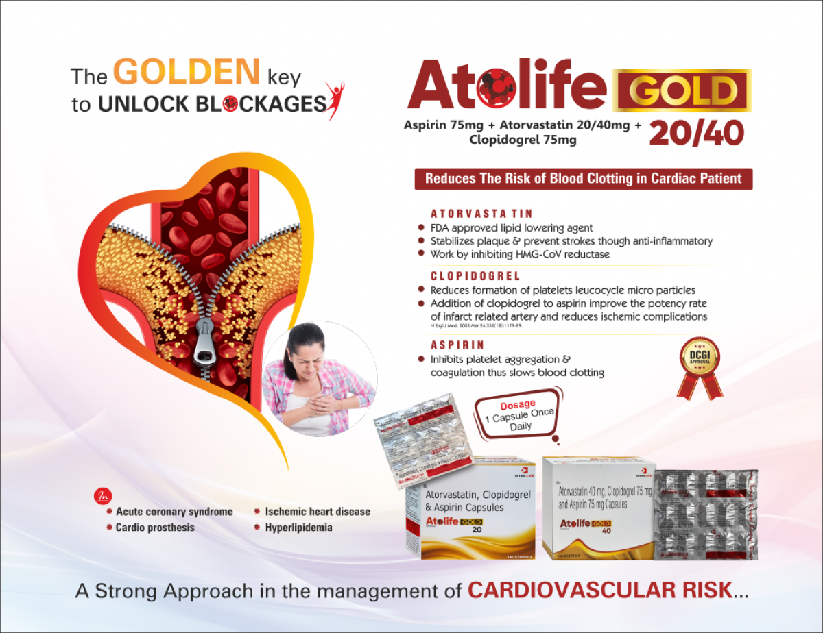 ATOLIFE-GOLD 40 - Aspirin 75mg + Atorvastatin 40mg + Clopidogrel 75mg | Intralife Pharmaceuticals - thumbnail 2