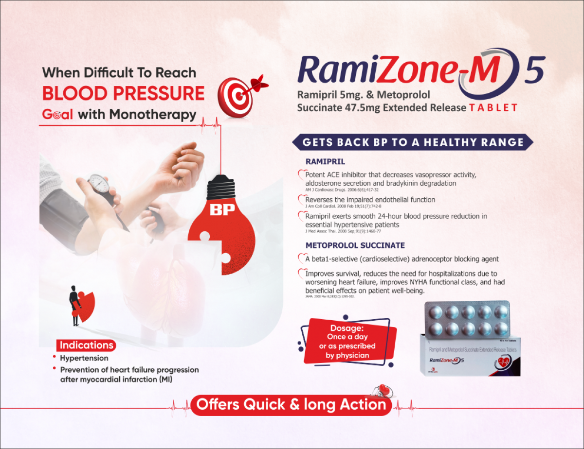 RAMIZONE-M 5 - Ramipril IP 5mg + Metoprolol Succinate IP 47.5mg + Equivalent to Metoprolol Tertrate 50 mg | Intralife Pharmaceuticals - thumbnail 2