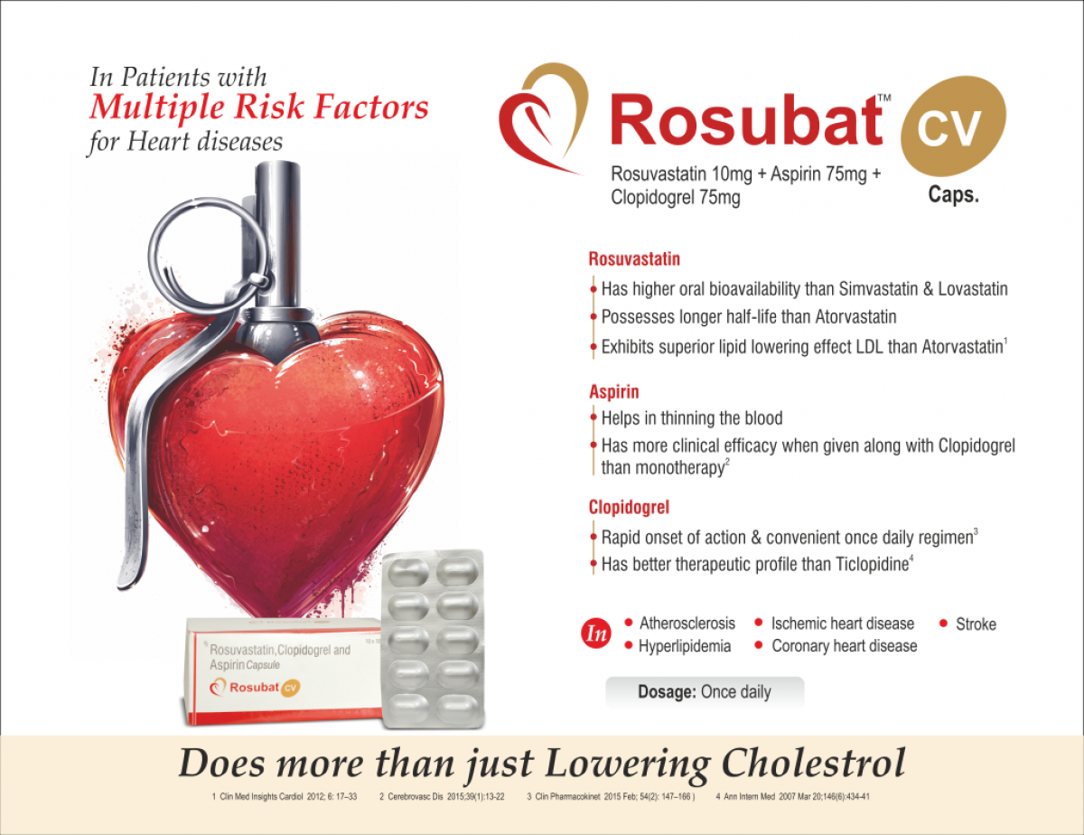 ROSUBAT-CV - Rosuvastatin 10mg + Aspirin 75mg + Clopidogrel 75mg | Intralife Pharmaceuticals - thumbnail 2