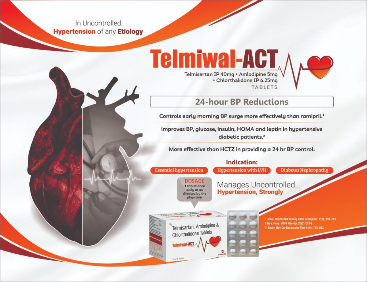 TELMIWAL-ACT TABS - Telmisartan IP 40mg + Amlodipine 5mg + Chlorthalidone IP 6.25mg | Intralife Pharmaceuticals - thumbnail 2