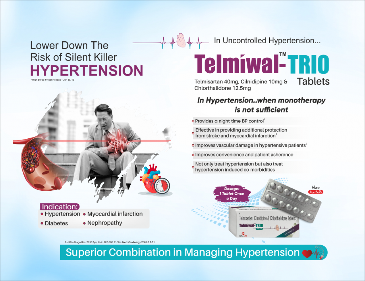 TELMIWAL-TRIO - Telmisartan 40mg + Cilnidipine 10 mg + Chlorthalidone 12.5 mg | Intralife Pharmaceuticals - thumbnail 2