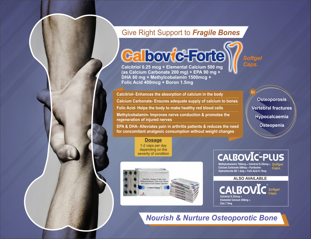 CALBOVIC-FORTE - Calcitriol 0.25 mcg, Elemental . Calcium 500 mg (as Calcium Carbonate 500 mg), EPA 90 mg, DHA 60 mg, Methylcobalamin 1500 mcg, Folic Acid 400 mcg, Disodium Tetraborate 1.5 mg | Intralife Pharmaceuticals - thumbnail 2