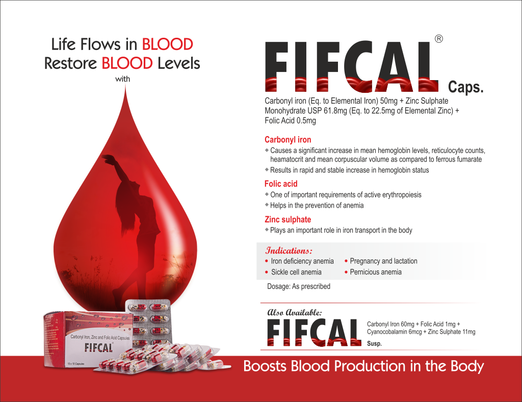 FIFCAL - Carbonyl Iron (Eq. To Elemental Iron) 50mg + Zinc Sulphate Monohydrate USP 61.8mg (Eq. to 22.5mg of Elemental Zinc) + Folic Acid 0.5mg | Intralife Pharmaceuticals - thumbnail 2