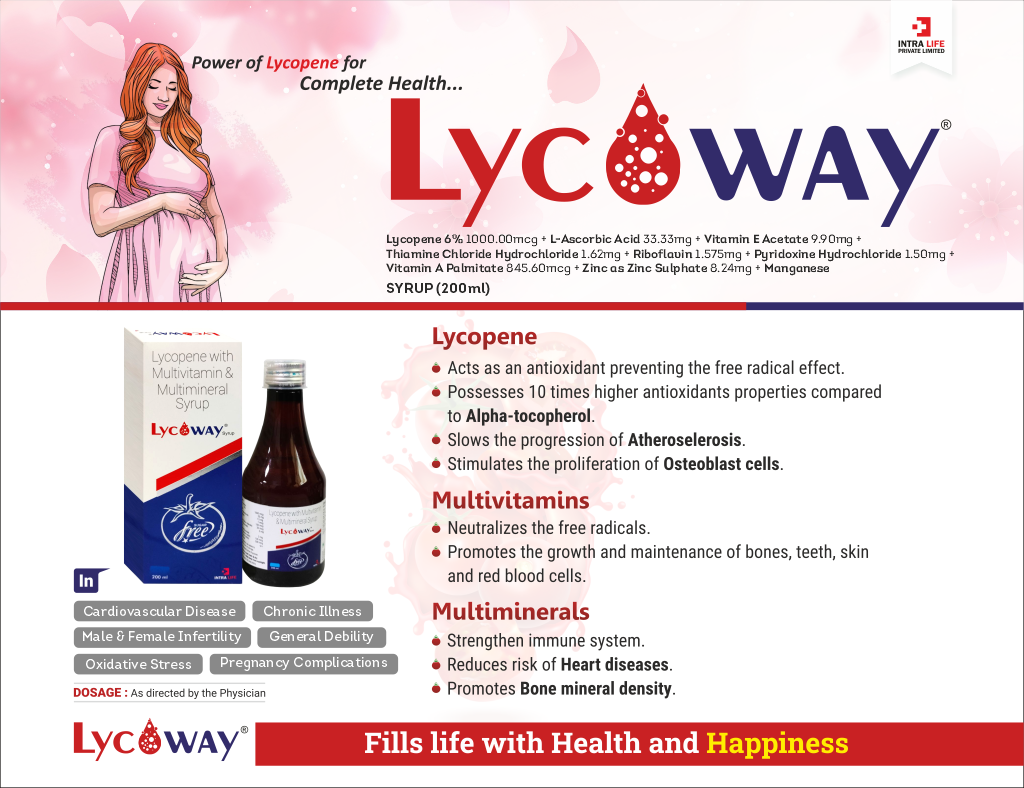 LYCOWAY (S.F.)-200ml - Lycopene 6% 1000.00 mcg + L-Ascorbic Acid 33.33 mg + Vitamin E Acetate 9.90 mg + Thiamine Chloride Hydrochloride 1.62 mg + Riboflavin 1.575 mg + Pyridoxine Hydrochloride 1.50 mg + Vitamin A Palmitate 845.60 mcg Zinc as Zinc Sulphate 8.24 mg + Manganese | Intralife Pharmaceuticals - thumbnail 2