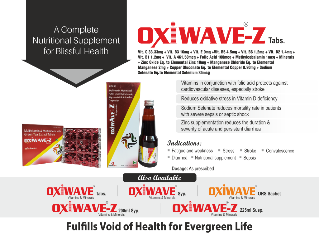 OXIWAVE-Z - Vitamin-C 33.33mg + Vitamin-B3 16mg+ Vitamin-E 9mg + Vitamin-B5 4.5mg + Vitamin-B6 1.2mg + Vitamin-B2 1.4mg + Vitamin-B1 1.2mg + Vitamin -A 461.50mcg + Folic Acid 100mcg + Methylcobalamin 1mcg + Minerals + Zinc Oxide Eq. to Elemental Zinc 10mg +Manganese Chloride Eq. To Elemental Manganese 2mg + Copper Gluconate Eq. To Elemental Copper 0.90mg + Sodium Selenate . Eq. to elemental Selenium 35mcg | Intralife Pharmaceuticals - thumbnail 2