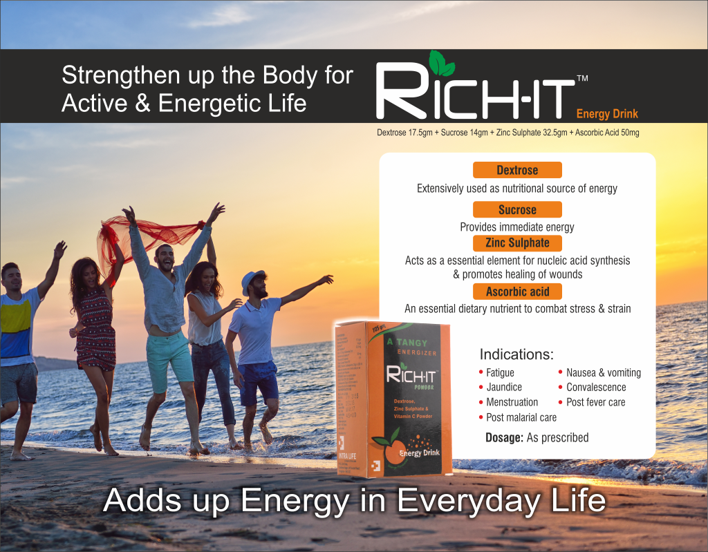 RICH-IT ENERGY DRINK - Dextrose 17.5gm + Sucrose 14gm + Zinc Sulphate 32.5mg + Ascorbic Acid 50mg | Intralife Pharmaceuticals - thumbnail 2