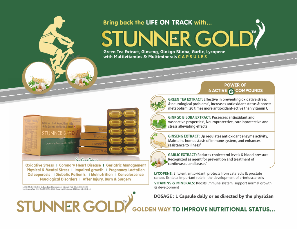 STUNNER GOLD - Ginseng Extract Powder (26%) 21.25mg +Ginkgo Biloba Extract 20mg + Citrus Bioflavonoid (7%) 12.5mg +Green Tea Extract 10mg + Mixed Carotene (7%)Dispersion 5mg + Garlic Powder (Odourless) 2mg + Lycopene (10%) Dispersion 2000mcg + Niacinamide 15mg + Vitamin | Intralife Pharmaceuticals - thumbnail 2