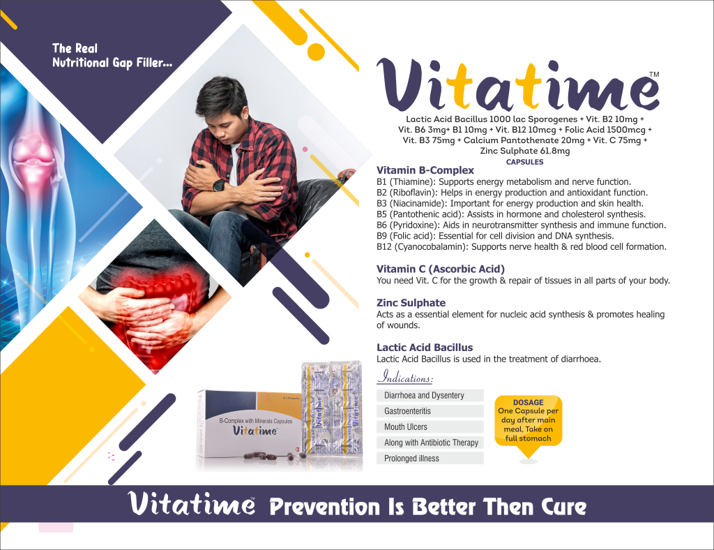 VITATIME Capsule - Lactic Acid Bacillus 1000 lac Sporogenes + Vit. B2 10mg + Vit. B6 3mg+ B1 10mg + Vit. B12 10mcg + Folic Acid 1500mcg + Vit. B3 75mg + Calcium Pantothenate 20mg + Vit. C 75mg + Zinc Sulphate 61.8mg | Intralife Pharmaceuticals - thumbnail 2