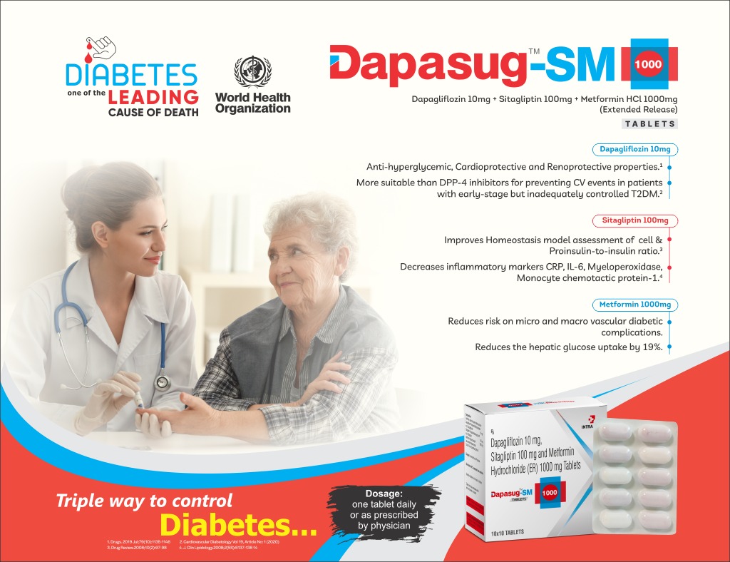 DAPASUG-SM 1000 TABLETS - Dapagliflozin 10mg + Sitagliptin 100mg + Metformin Hydrochloride IP 1000mg (Extended Release) | Intralife Pharmaceuticals - thumbnail 2