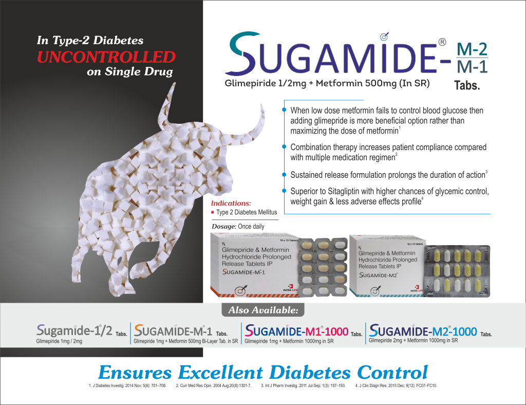 SUGAMIDE-M-1 - Glimepiride 1mg + Metformin 500mg (Bi Layer Tablet) (In SR) | Intralife Pharmaceuticals - thumbnail 2