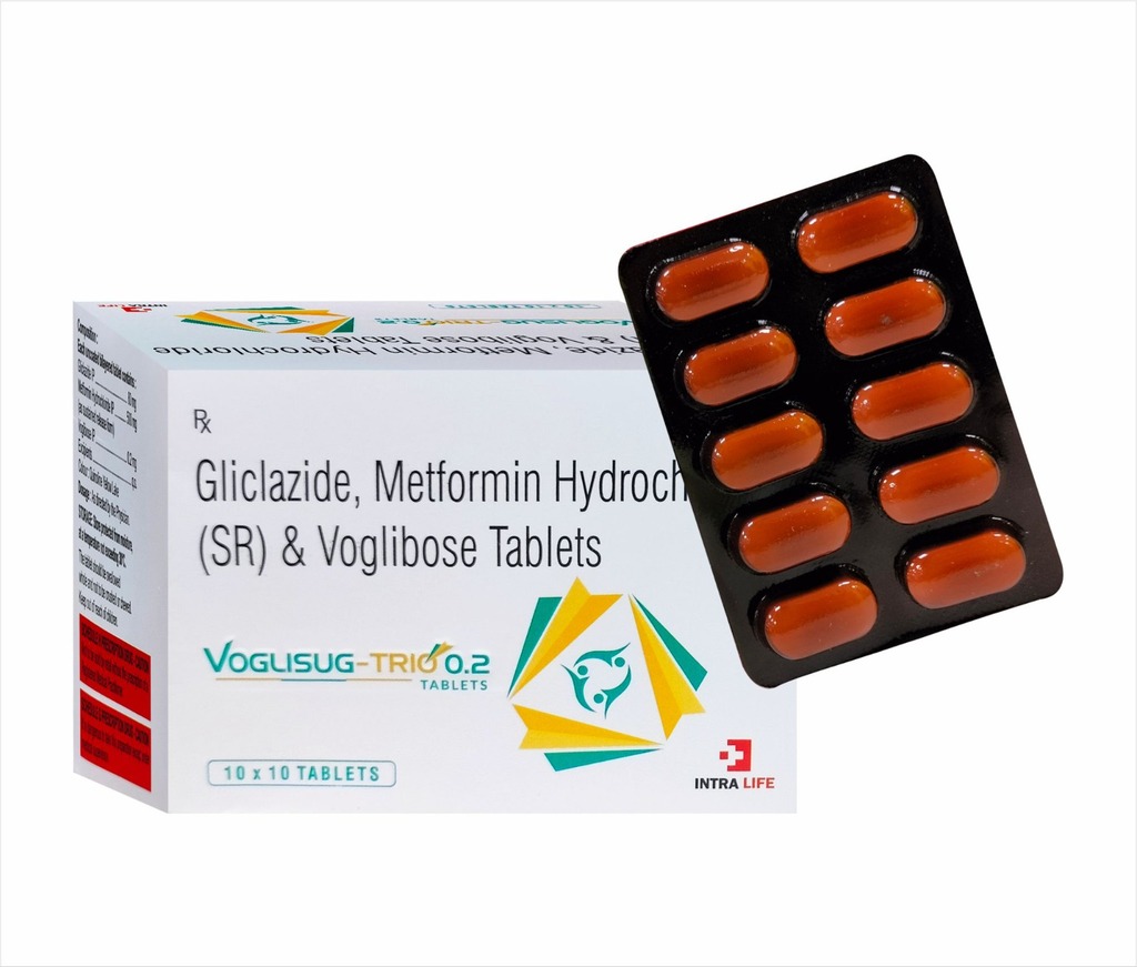 VOGLISUG-TRIO 0.2 TABS - Voglibose IP 0.2mg + Gliclazide IP 80mg + Metformin Hydrochloride IP 500mg | Intralife Pharmaceuticals