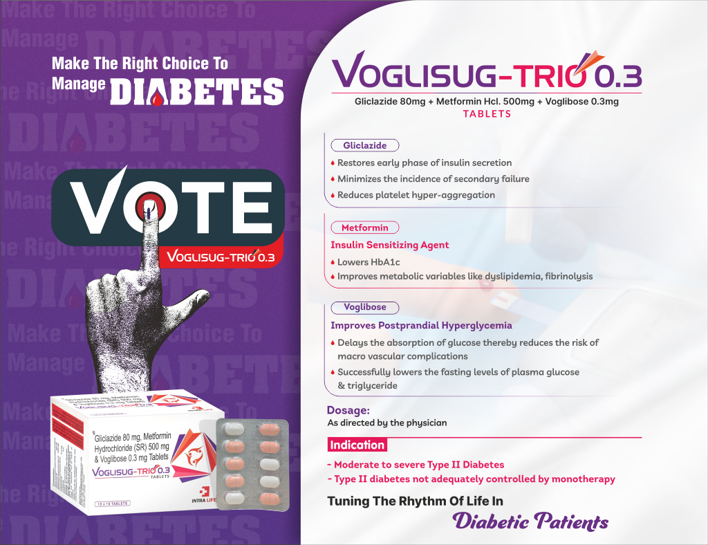 VOGLISUG-TRIO 0.3 Tablets - Gliclazide 80mg + Metformin Hcl. 500mg + Voglibose 0.3mg | Intralife Pharmaceuticals - thumbnail 2