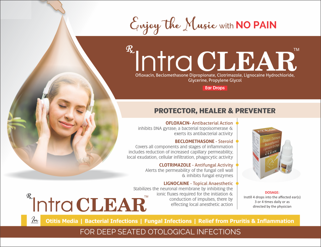 INTRACLEAR - Ofloxacin I.P. 0.3 % w/v + Beclomethasone Dipropionate I.P. 0.025 % w/v + Clotrimazole I.P. 1 % w/v + Lignocaine Hydrochloride I.P. 2 % w/v + In Glycerine & I.P. Propylene Glycol base I.P. q.s. (5ml) | Intralife Pharmaceuticals - thumbnail 2