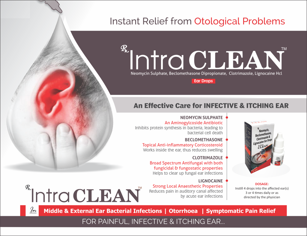 INTRACLEAN Drops - Neomycin Sulphate I.P.0.5% w/v Beclomethasone Dipropionate I.P. 0.025% w/v Clotrimazole I.P. 1.0% w/v Lignocaine Hydrochloride I.P.2.0% w/v Glycerine I.P. And Propyle ne Glycol I.P. Base | Intralife Pharmaceuticals - thumbnail 2