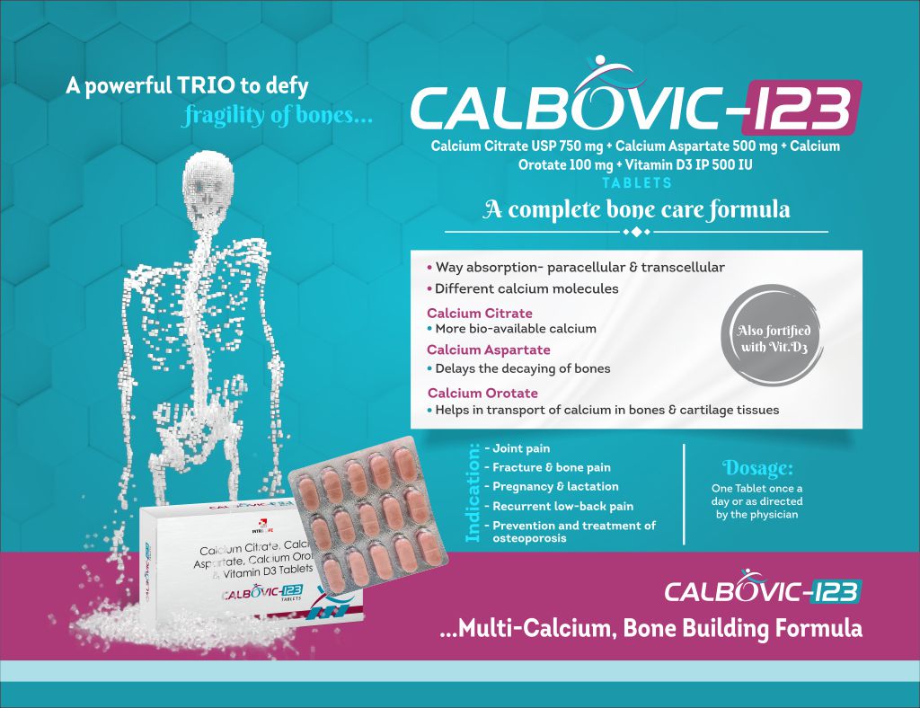 CALBOVIC-123 TABLET - Calcium Citrate USP 750 mg + Calcium Aspartate 500 mg + Calcium Orotate 100 mg + Vitamin D3 IP 500 IU | Intralife Pharmaceuticals - thumbnail 2