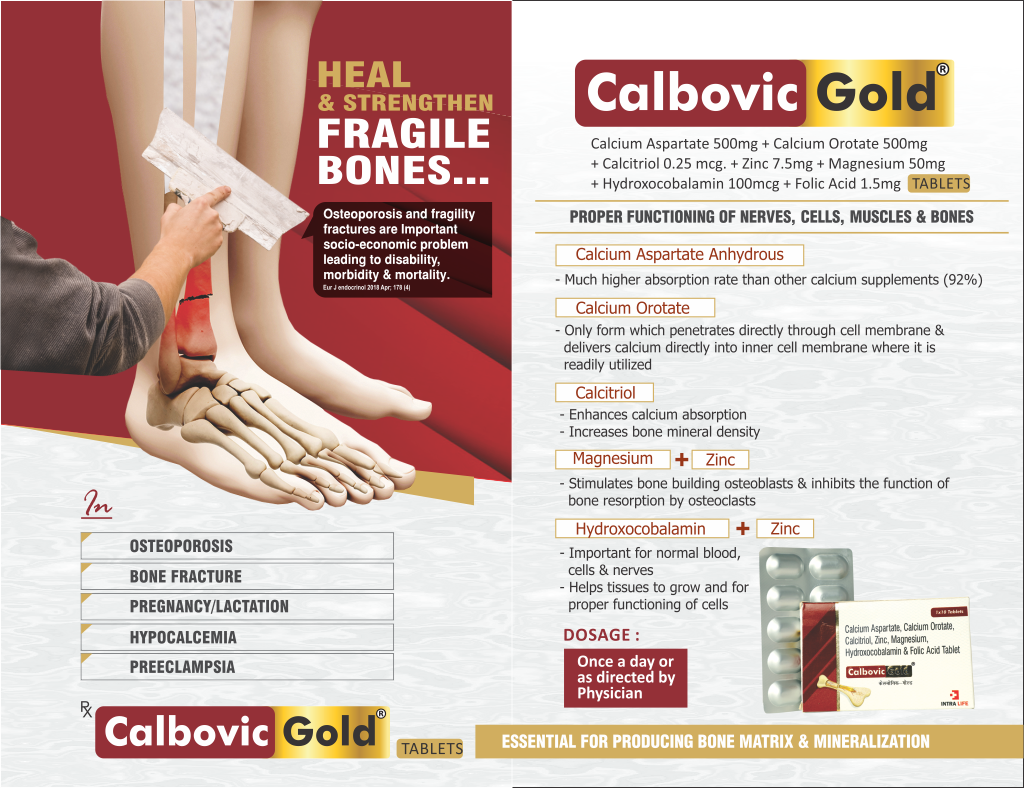 CALBOVIC-GOLD - Calcium Aspartate 500 mg + Calcium Orotate 500 mg + Calcitriol IP 0.25 mcg + Zinc (as Zinc Sulphate IP) 7.5 mg + Magnesium (as Magnesium Hydroxide IP) 50 mg + Hydroxocobalamin USP 100 mcg + Folic Acid IP 1.5 mg | Intralife Pharmaceuticals - thumbnail 2