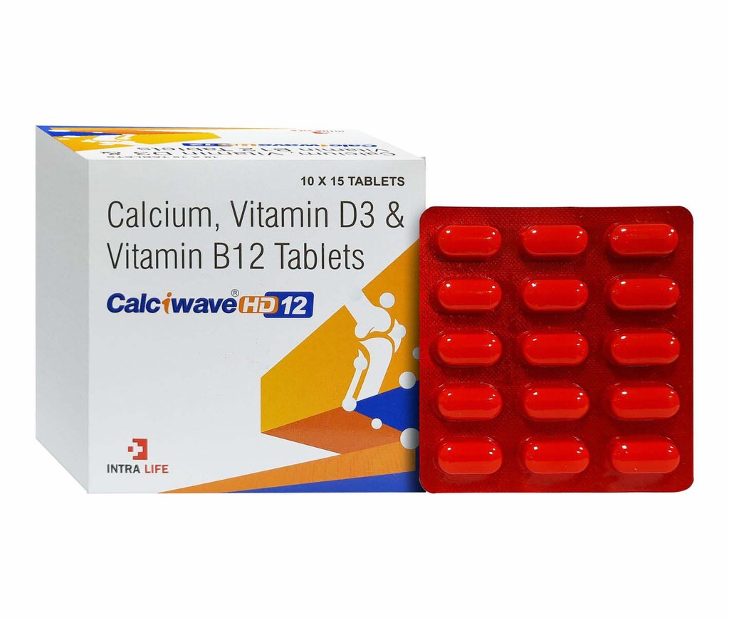 CALCIWAVE HD-12 - Calcium Carbonate 1250mg from an organic source (Oyster Shell) eq to Elemental Calcium 500mg Vitamin D3 IP 500 IU Vitamin B12 IP 15mcg | Intralife Pharmaceuticals