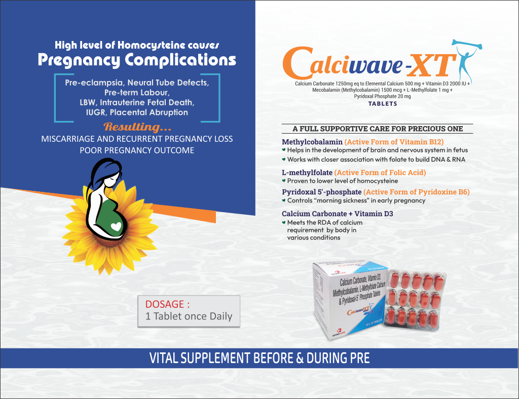 CALCIWAVE-XT - Calcium Carbonate 1250mg eq to Elemental Calcium 500 mg + Vitamin D3 2000 IU + Mecobalamin (Methylcobalamin) 1500 mcg + L-Methylfolate 1mg + + Pyridoxal Phosphate 20 mg | Intralife Pharmaceuticals - thumbnail 2