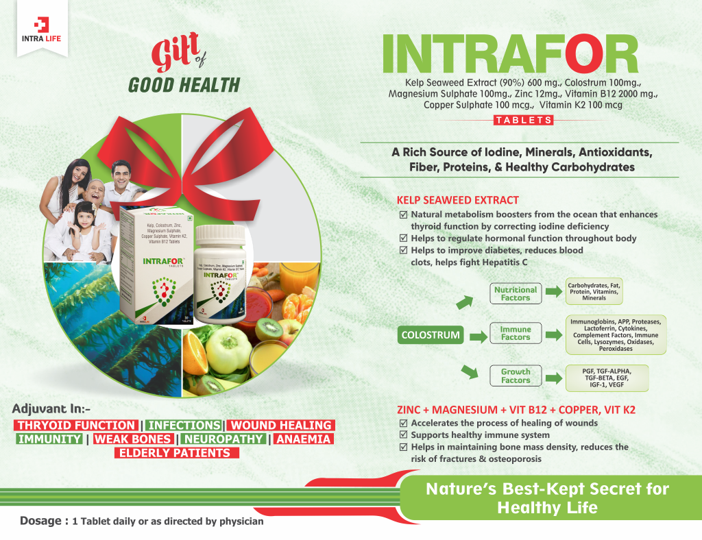 INTRAFOR - Kelp Seaweed Extract 90% 600 Mg + Colostrum 100 Mg + Magnesium Sulphate 100 Mg + Zinc 12 Mg + Vitamin B12 2000 Mcg + Copper Sulphate 100 Mcg + Vitamin K2 100 Mcg | Intralife Pharmaceuticals - thumbnail 2