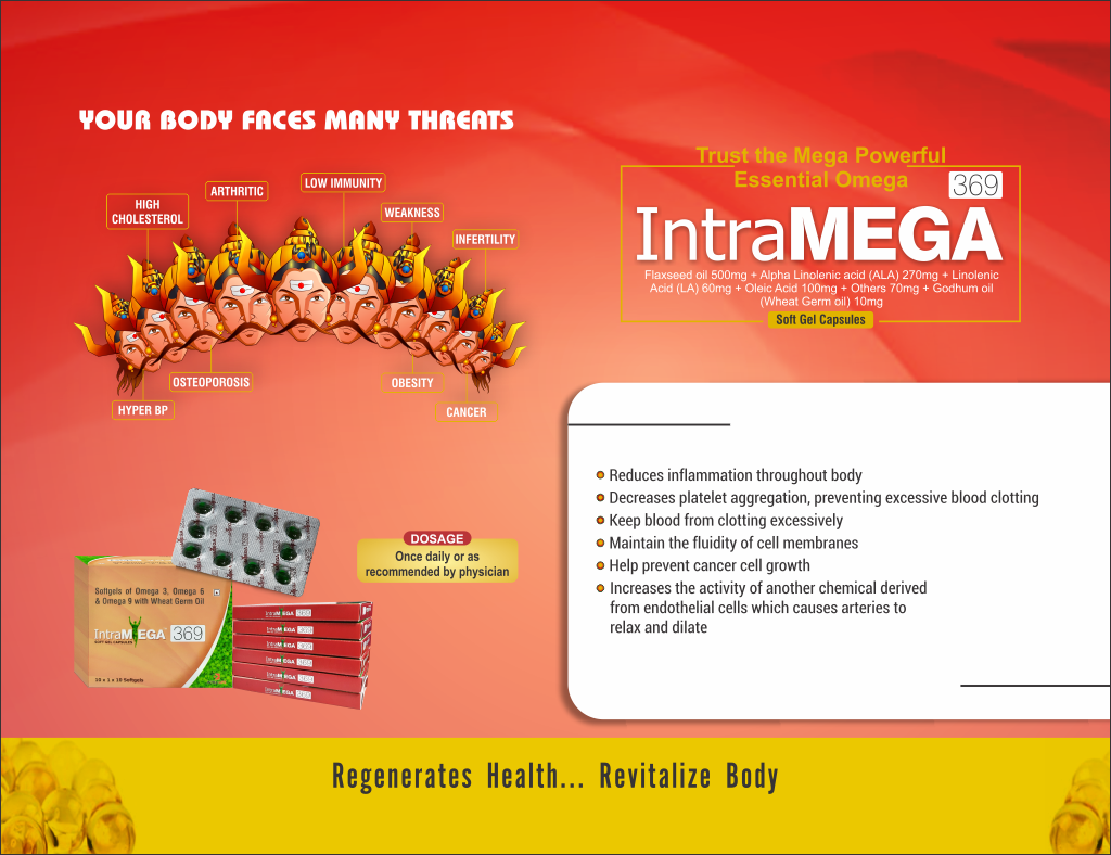 INTRAMEGA 369 - Flaxseed oil 500mg + Alpha Linolenic acid (ALA) 270mg + Linolenic Acid (LA) 60mg + Oleic Acid 100mg + Others 70mg + Godhum oil (Wheat Germ oil) 10mg | Intralife Pharmaceuticals - thumbnail 2