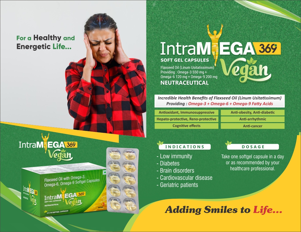 INTRAMEGA-369 Vegan Softgel - Flaxseed Oil (Linum Usitatissimum) Providing: Omega-3 550 mg + Omega-6 120 mg + Omega-9 200 mg | Intralife Pharmaceuticals - thumbnail 2