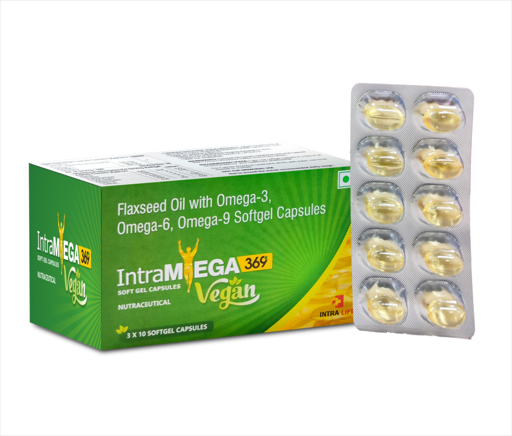 INTRAMEGA-369 Vegan Softgel - Flaxseed Oil (Linum Usitatissimum) Providing: Omega-3 550 mg + Omega-6 120 mg + Omega-9 200 mg | Intralife Pharmaceuticals