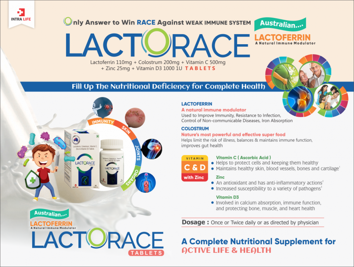 LACTORACE - Lactoferrin 110mg + Colustrum 200mg + Vitamin C 500 mg + Zinc 25mg + Vitamin D3 1000 1U | Intralife Pharmaceuticals - thumbnail 2