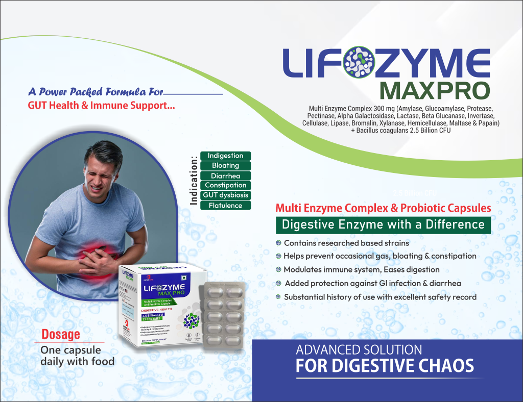 LIFOZYME-MAX PRO - Multi Enzyme Complex 300 mg (Amylase, Glucoamylase, Protease, Pectinase, Alpha Galactosidase, Lactase, Beta Glucanase, Invertase, Cellulase, Lipase, Bromalin, Xylanase, Hemicellulase, Maltase & Papain) + Bacillus coagulans 2.5 Billion CFU | Intralife Pharmaceuticals - thumbnail 2