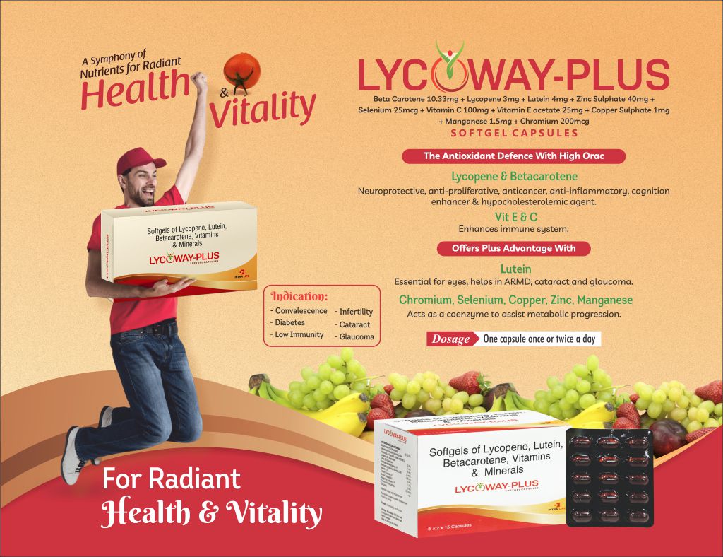 LYCOWAY PLUS Softgel - Beta Carotene 10.33mg + Lycopene 3mg + Lutein 4mg + Zinc Sulphate 40mg + Selenium 25mcg + Vitamin C 100mg + Vitamin E acetate 25mg + Copper Sulphate 1mg + Manganese 1.5mg + Chromium 200mcg | Intralife Pharmaceuticals - thumbnail 2