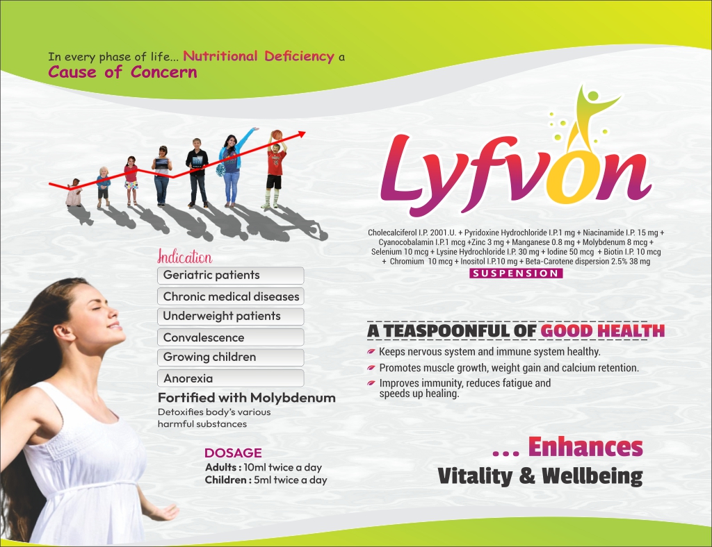 LYFVON SUSPENSION - Cholecalciferol I.P. 2001.U. + Pyridoxine Hydrochloride I.P.1 mg+Niacinamide I.P. 15 mg + Cyanocobalamin I.P.1 mcg +Zinc (as Zinc Gluconate U.S.P.) 3 mg+ Manganese (as Manganese 0.8 mg+Molybdenum 8 mcg+ Selenium (as Sodium Selenate) 10 mcg +Lysine Hydrochloride I.P. 30 mg+ lodine (as Potassium Iodide I.P.) 50 mcg+Biotin I.P. 10 mcg+ Chromium (as Chromium Chloride 10 mcg+Inositol I.P.10 mg+Beta-Carotene dispersion 2.5% 38 mg Hexahydrate U.S.P.) | Intralife Pharmaceuticals - thumbnail 2
