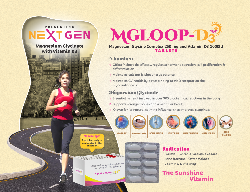 MGLOOP D3 TABLET - Magnesium Glycine Complex 250mg + Vitamin D3 1000 I.U | Intralife Pharmaceuticals - thumbnail 2
