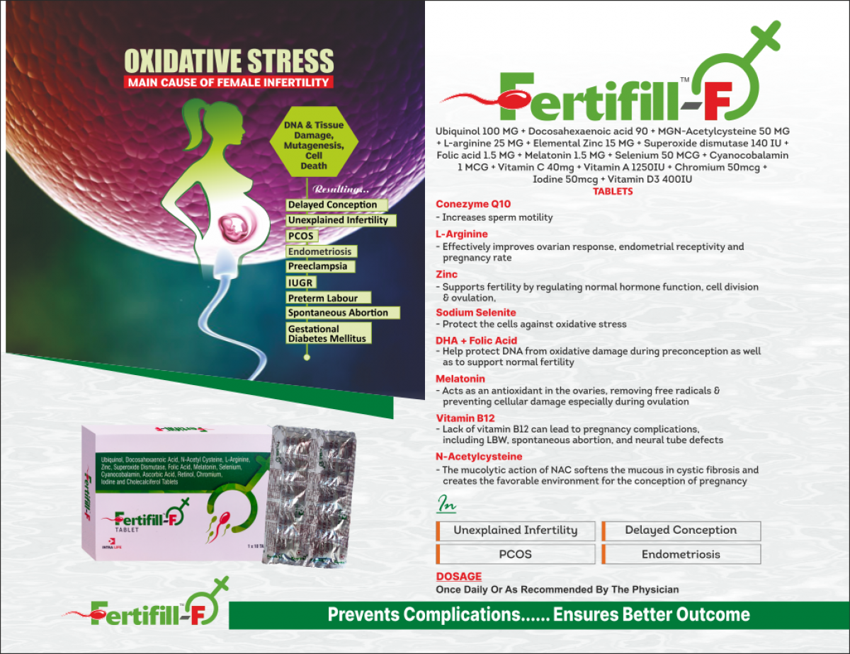 FERTIFILL-F - Ubiquinol 100 MG + Docosahexaenoic acid 90 MGN-Acetylcysteine 50 MG + L-arginine 25 MG + Elemental Zinc 15 MG + Superoxide dismutase 140 IU + Folic acid 1.5 MG + Melatonin 1.5 MG + Selenium 50 MCG + Cyanocobalamin 1 MCG + Vitamin C 40mg + Vitamin A 1250IU + Chromium 50mcg + Iodine 50mcg + Vitamin D3 400IU | Intralife Pharmaceuticals - thumbnail 2