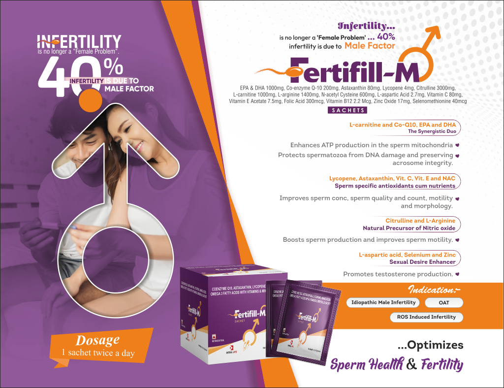 FERTIFILL-M SACHET - EPA & DHA 1000mg, Co-enzyme Q-10 200mg, Astaxanthin 80mg, Lycopene 4mg, Citrulline 3000mg, L-carnitine 1000mg, L-arginine 1400mg, N-acetyl Cysteine 600mg, L-aspartic Acid 2.7mg, Vitamin C 80mg, Vitamin E Acetate 7.5mg, Folic Acid 300mcg, Vitamin B12 2.2 Mcg, Zinc Oxide 17mg, Selenomethionine 40mcg | Intralife Pharmaceuticals - thumbnail 2