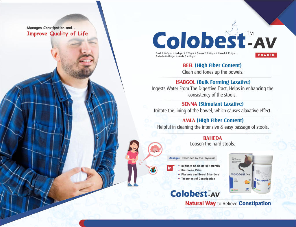 COLOBEST-AV Powder - Beel 0.768gm + Ispbgol 2.120gm + Senna 0.852gm + Harad 0.416gm + Baheda 0.416gm + Amla 0.416gm | Intralife Pharmaceuticals - thumbnail 2