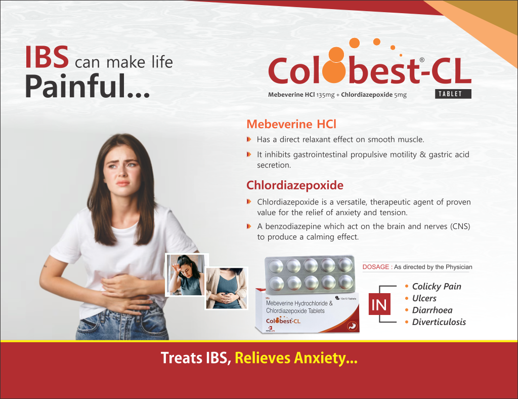 COLOBEST-CL - Mebeverine 135mg + Chlordiazepoxide 5mg | Intralife Pharmaceuticals - thumbnail 2
