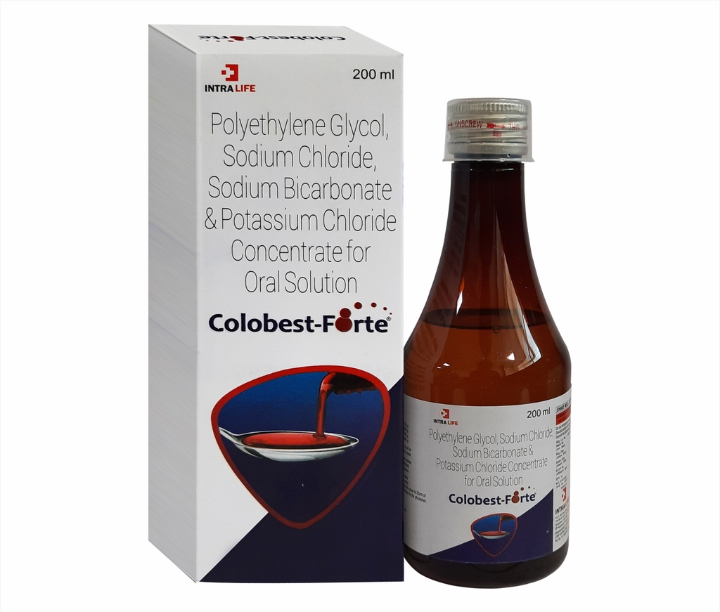 COLOBEST-FORTE Syrup - : Polyethylene Glycol(3350) 13.125gm + Sodium Chloride 0.3507gm + Sodium Bicarbonate 0.1785gm + Potasium Chloride -0.0466gm | Intralife Pharmaceuticals
