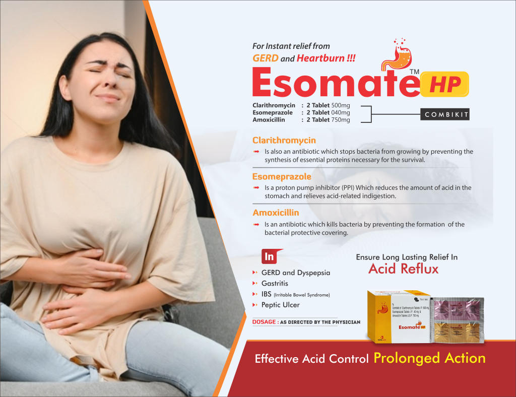 ESOMATE-HP KIT - Clarithromycin 2 Tab. 500mg + Esomeprazole 2 Tab. 40mg + Amoxicillin 2 Tab. 750mg | Intralife Pharmaceuticals - thumbnail 2