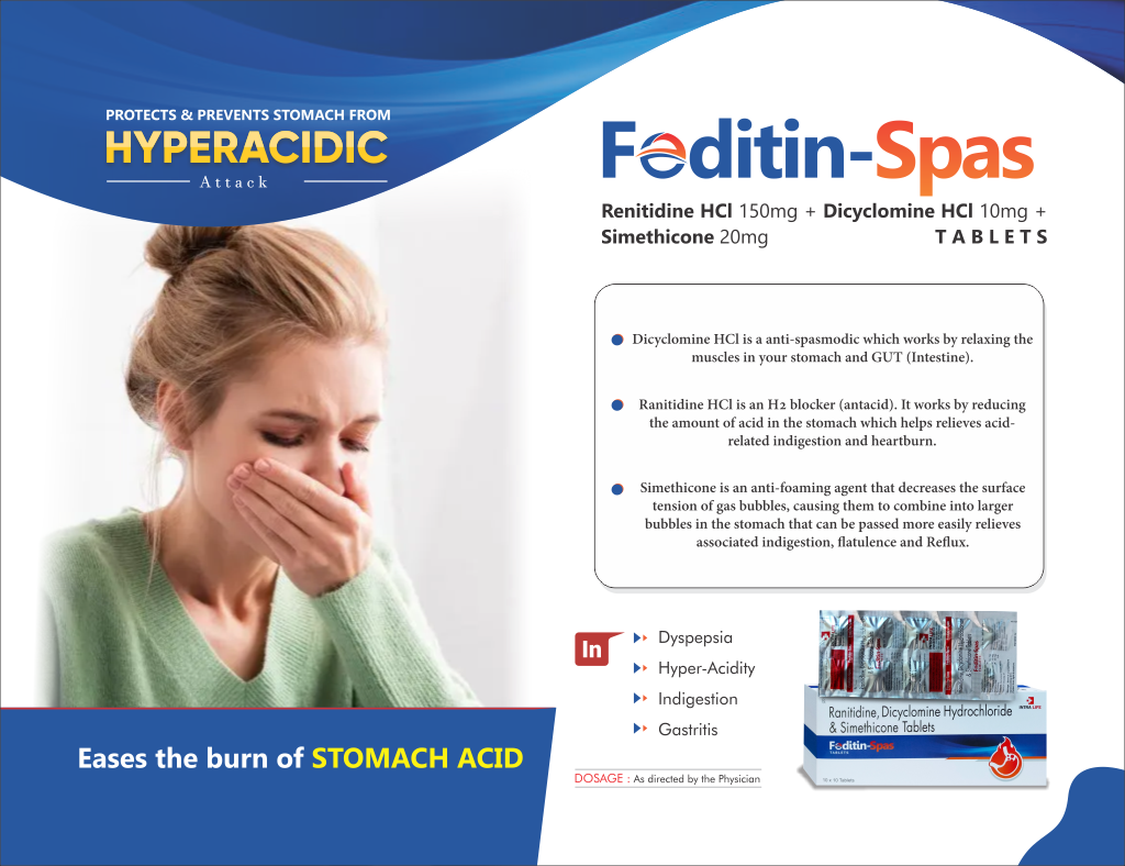 FEDITIN SPAS - Renitidine Hydrochloride 150mg + Dicyclomine Hydrochloride 10mg + Simethicone 20mg | Intralife Pharmaceuticals - thumbnail 2