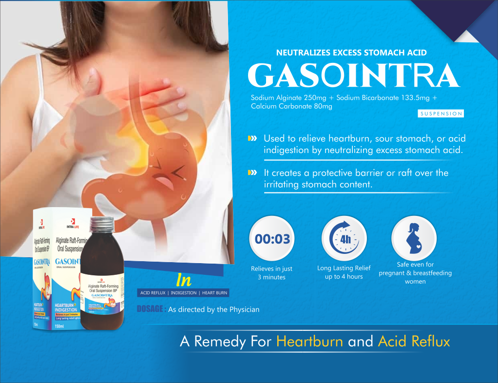 GASOINTRA SUSP - Sodium Alginate IP 250 mg + Sodium Bicarbonate IP 133.5 mg + Calcium Carbonate IP 80 mg | Intralife Pharmaceuticals - thumbnail 2