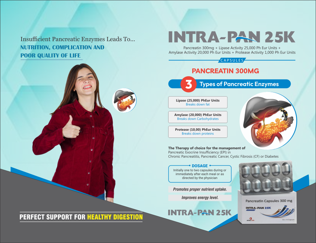 INTRAPAN-25K - Pancreatin 300mg + Lipase Activity 25,000 Ph Eur Units + Amylase Activity 20,000 Ph Eur Units + Protease Activity 1,000 Ph Eur Units | Intralife Pharmaceuticals - thumbnail 2