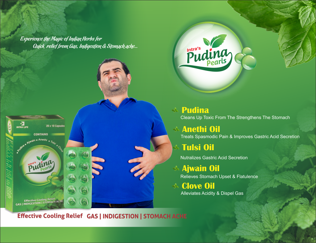 INTRAS PUDINA PEARLS - Pudina ka satva (Mentha sylvestris) A.B. 180 mg + Ajwain Oil (Trachyspermum ammi) Bh.P. 20 mg + Anethi Oil (Anethum sowa) Bh.P. 5 mg + Tulsi Oil (Ocimum sanctum) Bh.P. 5 mg +Clove Oil Bh.P. 1 mg | Intralife Pharmaceuticals - thumbnail 2