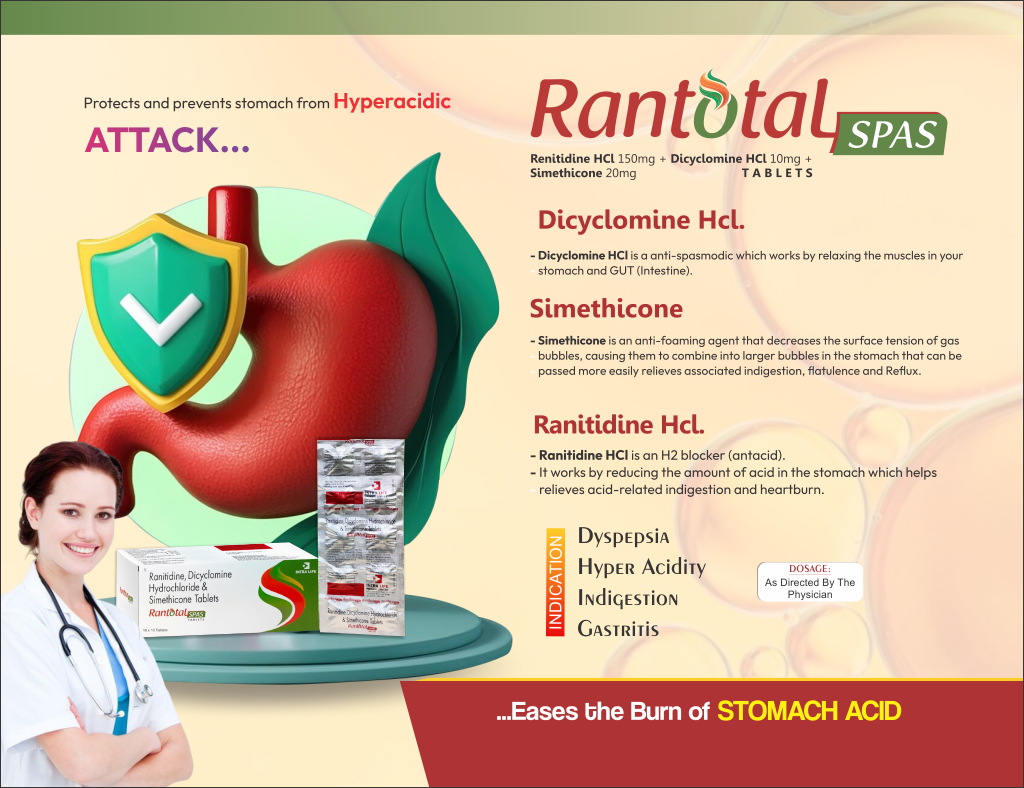 RANTOTAL-SPAS TABLET - Ranitidine Hydrochloride 150 mg + Ranitidine Dicyclomine Hydrochloride 10 mg + Simethicone 20 mg | Intralife Pharmaceuticals - thumbnail 2